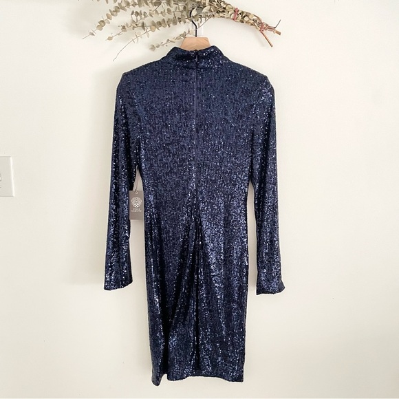 VINCE CAMUTO Long Sleeve Stand Neck Keyhole Sheath in Navy Blue Sequin Size 6 - Picture 10 of 14